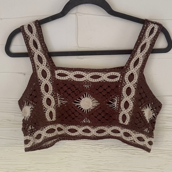 Vintage-Inspired Crochet Crop Top | Brown & Cream | Fits S/M - Picture 2 of 5